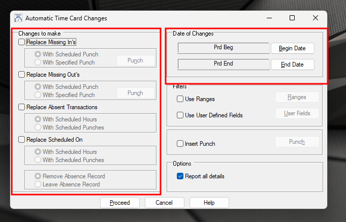 Automatic Time Card Changes screen