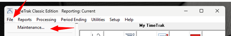 TimeTrak Enterprise main menu with File and Maintenance selected