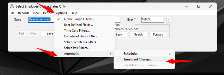 Maintenance menu showing Options, Automatic, Time Card Changes